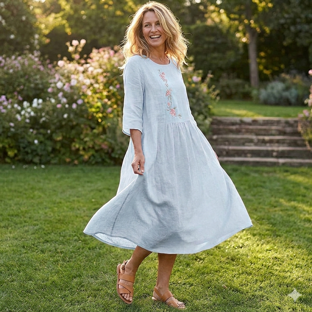 Florienne™ – Embroidered Linen Midi Dress