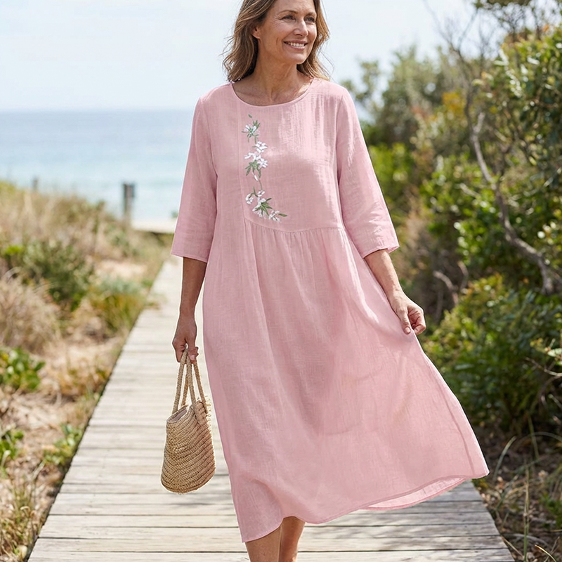 Florienne™ – Embroidered Linen Midi Dress