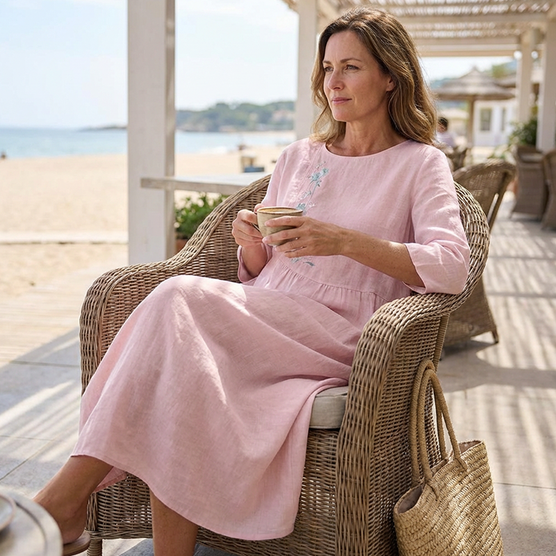 Florienne™ – Embroidered Linen Midi Dress