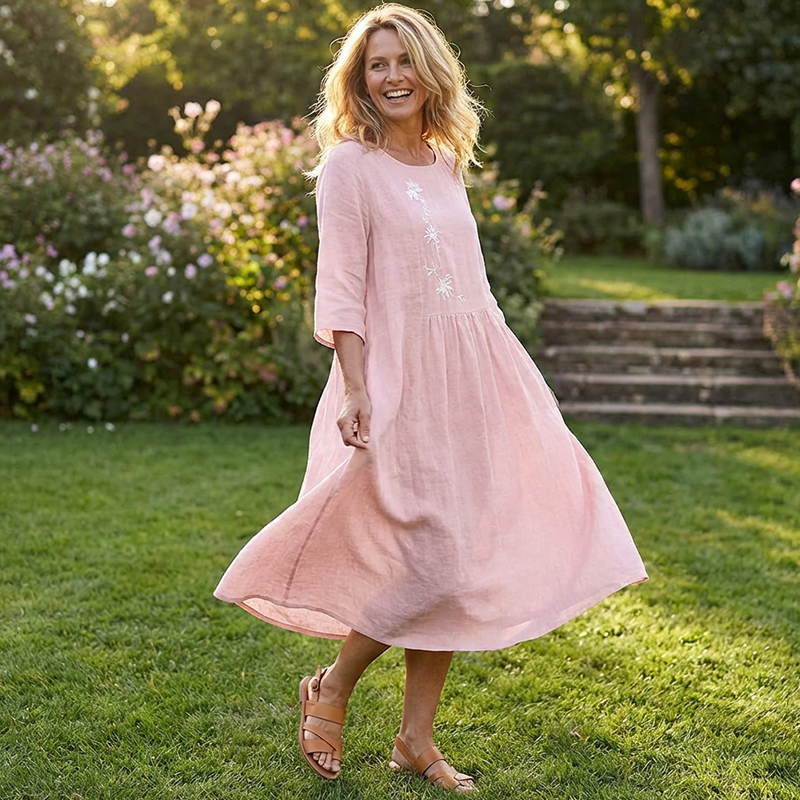 Florienne™ – Embroidered Linen Midi Dress